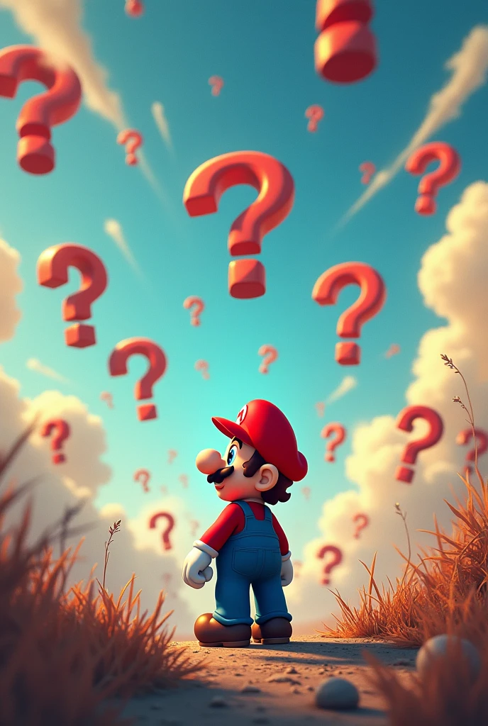 image 1080x1080, Super Mario, with question marks flying, written in the sky, curious player