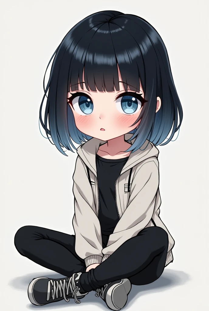 gender:Girl Eye Color:Blue Eyes Hairstyle:Bob hair color:Black hair with light silver gradation at the end:Cool and stylish clothes:Parker style:Deformed illustration system:Sitting with legs stretched out