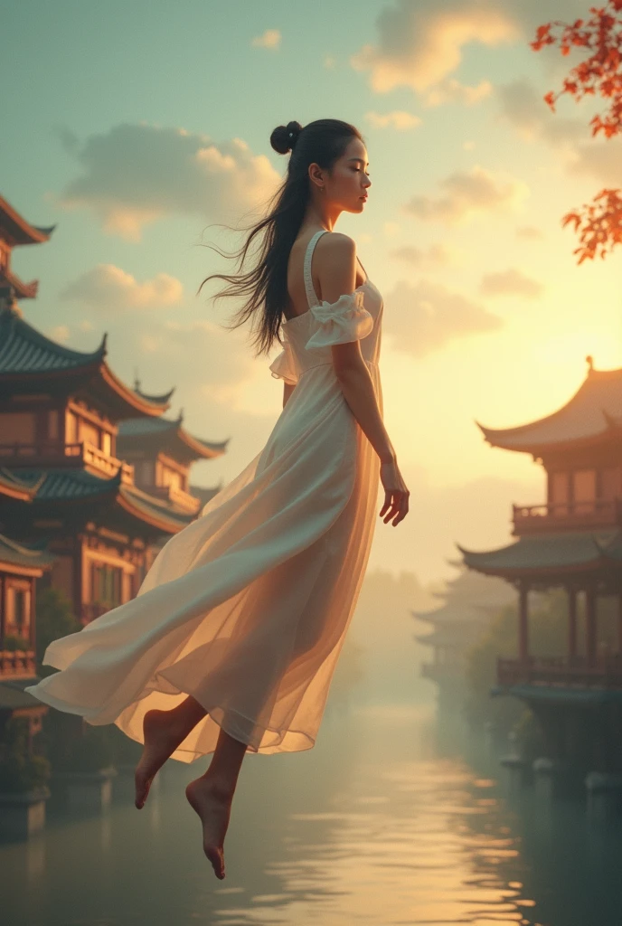 SFW, 1 girl, Focus only, to throw, very wide shot, landscape, East Asian architecture, sunlight, sunrise, floating, cloud, sky, rain, Water, Whole body, outdoor, scenery, depth of field, 8k, detailed, (lente 35mm), (nikon z30)
