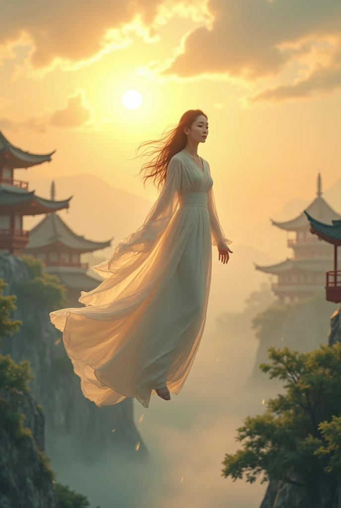 SFW, 1 girl, Focus only, to throw, very wide shot, landscape, East Asian architecture, sunlight, sunrise, floating, cloud, sky, rain, Water, Whole body, outdoor, scenery, depth of field, 8k, detailed, (lente 35mm), (nikon z30)