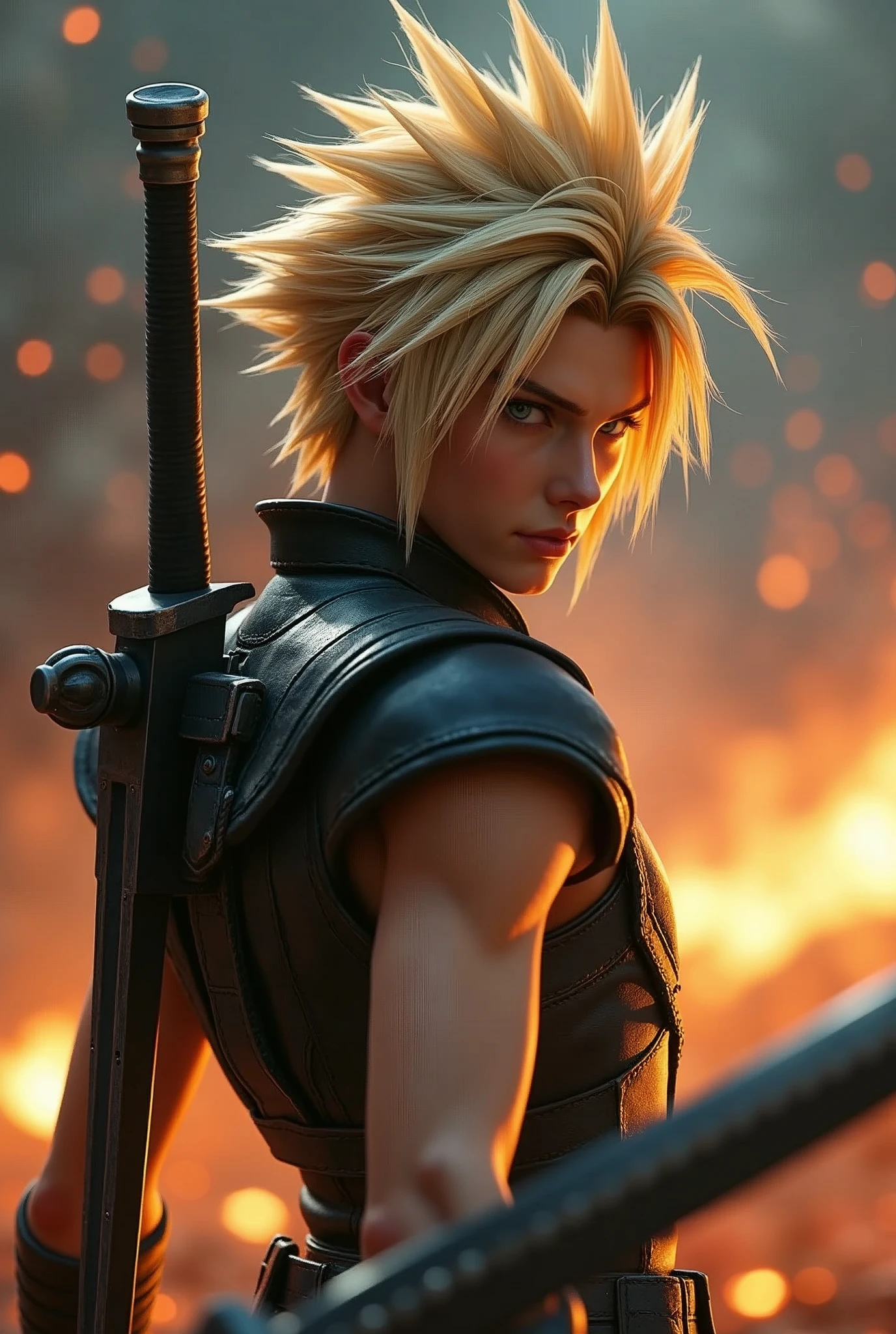 ((Best quality, 8k, masterpiece: 1.5)), Realistic,(Cloud Strife),Final Fantasy VII,Blonde short hair,Toned body,photo realistic,Fighting on the battlefield with a Buster Sword,(battle),There are many sparks flying around,Cinema Lighting,Dynamic pose,Dynamic Angles,looking at the camera,Highly detailed background