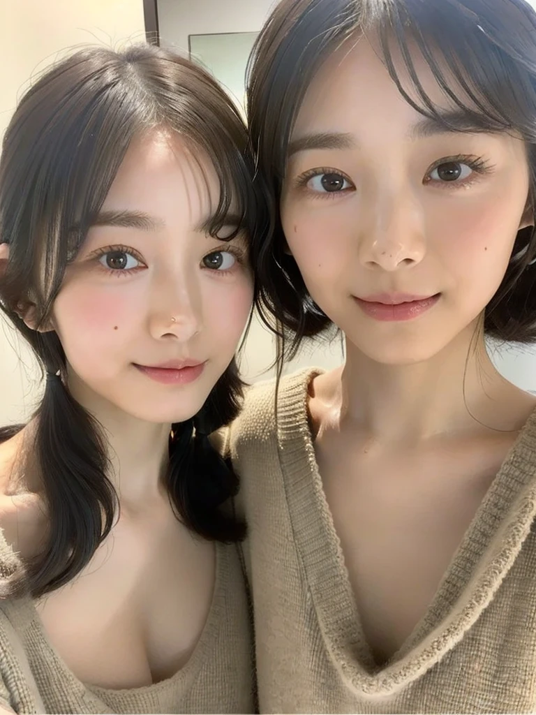 (masterpiece:1.3), (8K, Photoreal, Raw photo, best image quality: 1.4), Japanese high school girl、Similar identical twins、2 girls、(random hairstyle:1.2)、cleavage:1.2、super detail face、eye for details、double eyelid、chest to chest、sharp focus:1.2、Beautiful woman:1.4、light brown hair、highest quality、masterpiece、Super high resolution、(Photoreal:1.4)、Highly detailed and professionally lit smiles、loose and light knitwear, Two girls whose faces, figures, and standing positions are perfectly copied like the virtual image reflected in the mirror and the real image.,To her rightside there is a mirror in which she sees herself., all girls are exactly the same face