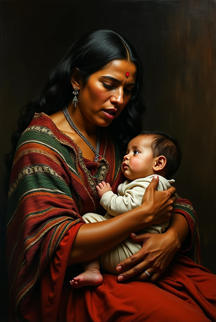 masterpiece, realist, high contrast, Caceres angel painting style, Mexican Rarámuri indigenous woman, with Mexican woven shawl, and held a corn cob,breastfeeding your baby, style work of angel of caceres, dark background, Abraham bloemaert, Rembrandt, Black background, shocking look, Caravaggio,