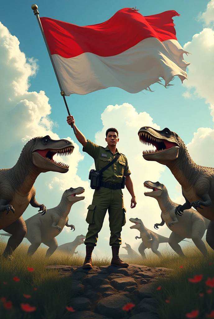 Indonesian independence struggle holding the Indonesian flag against cartoon dinosaurs
