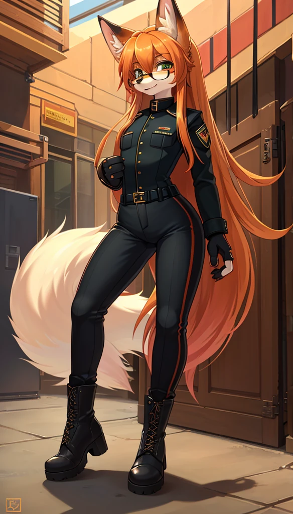 masterpiece, Best quality, fox, long hair, in a tight black military uniform, in tight black pants and boots, wear fingerless gloves, wear tactical glasses, I&#39;m standing in the forest