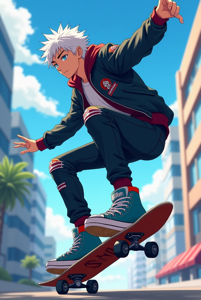 A stitch of SK8 Infinity, with the following features: 
White hair Lead eyes Slim and handsome face Teenager 17 years old Skater clothes