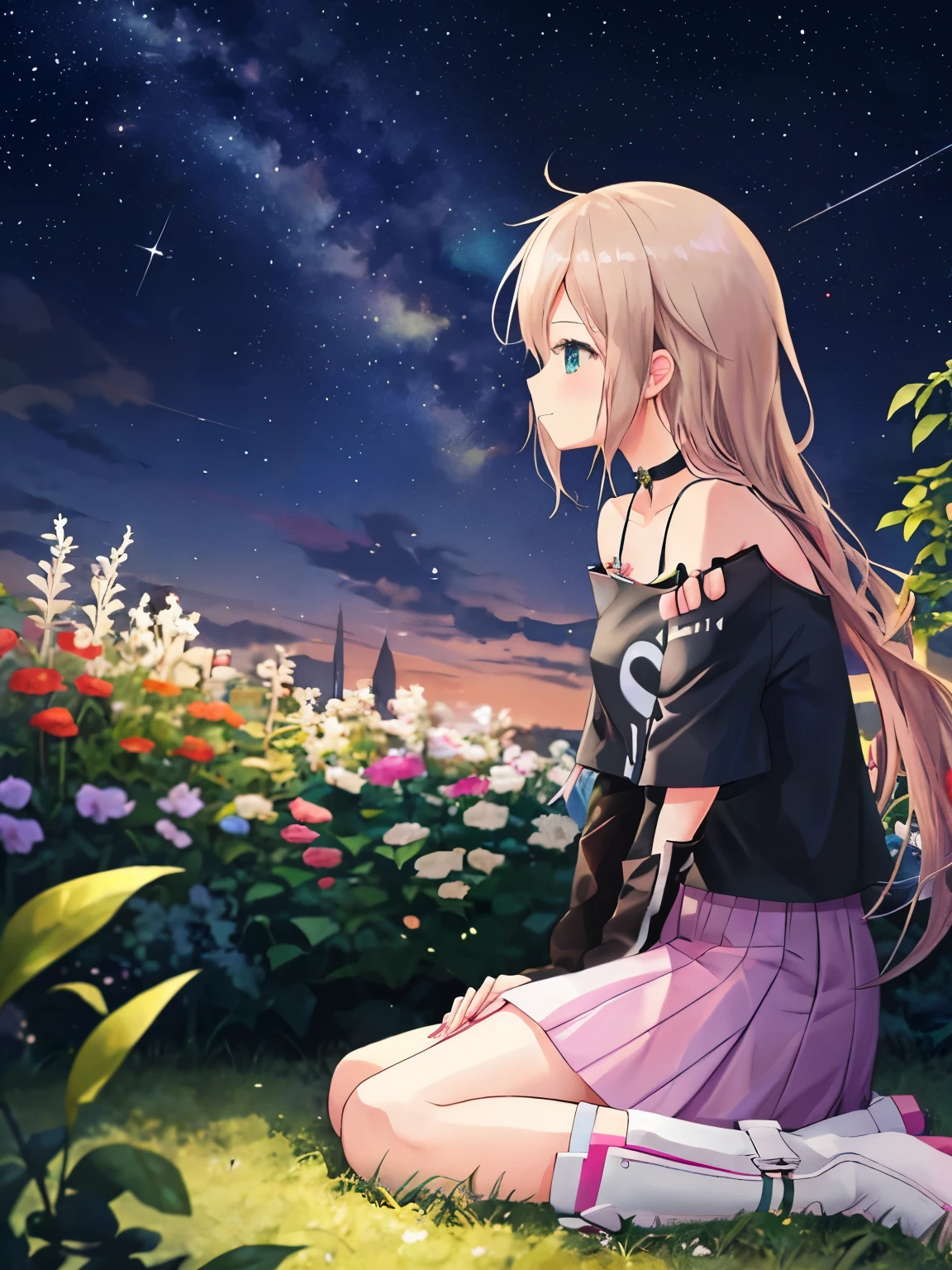 One Girl, he, Vocaloid, skirt, Black Shirt, Off the shoulder, choker, beauty, Girl from another planet, Happy, Mysterious Girl, boots, Sit on the ground in the garden, whole body, Hold the knee, From the side, Gazing at the sky, Night Sky, profile