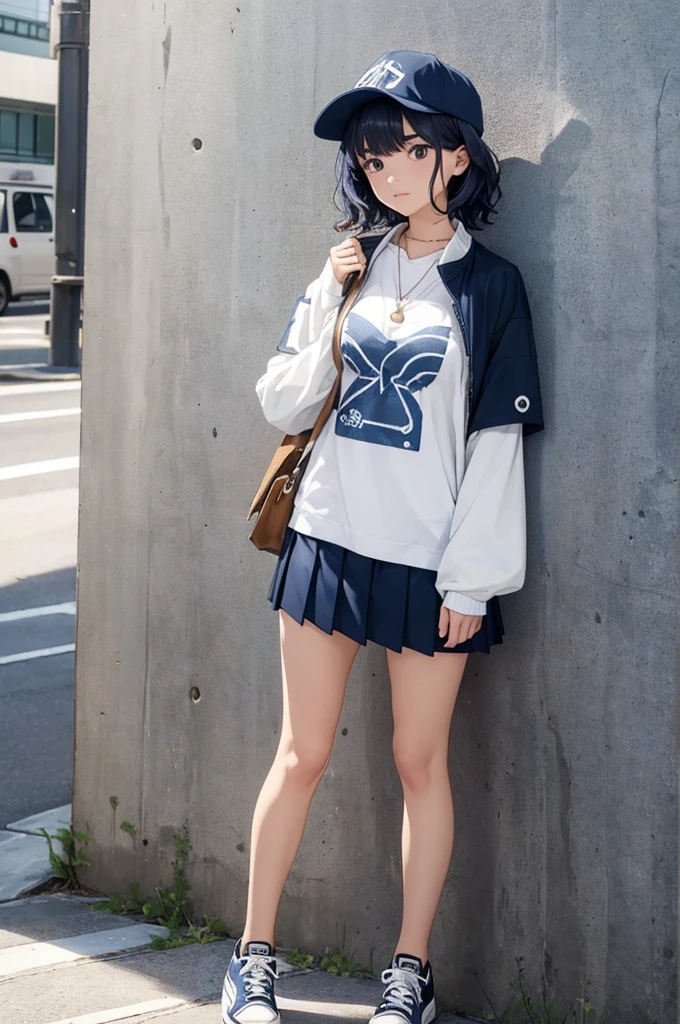 latest fashion girls,(cap,COLORBLOCK PATTERN SHORTSLEEVE ZIP-UP JACKET,White tight shirt, navy mini pleated skirt,sneakers),
BREAK Oversized organic cotton graphic tee, tapered recycled polyester joggers, cork platform sneakers, fair-trade canvas crossbody sustainable horn pendant necklace,downtown of tokyo,BREAK (16yo,detailed face,(darkblue wavy-short hair),middle thick eyebrows,,middle small breasts),