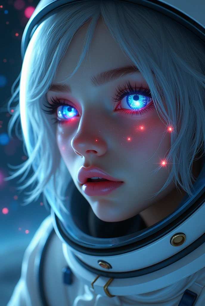 (Close-up of a better masterpiece:1.5)0.9], (Space and astronauts:1.2) (Messy silver hair:1.1) (Heterochromia xanthochromia and blue eyes:1.2) (Space Helmet:1.0) (Colored stars in the eyes:1.0) (A radiant glow:1.1) (thick lips:0.9)