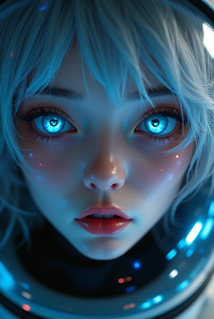 (Close-up of a better masterpiece:1.5)0.9], (Space and astronauts:1.2) (Messy silver hair:1.1) (Heterochromia xanthochromia and blue eyes:1.2) (Space Helmet:1.0) (Colored stars in the eyes:1.0) (A radiant glow:1.1) (thick lips:0.9)