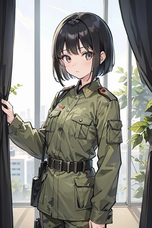 Girl, military camouflage uniform, PLA, Asian, flat chest, black hair, curtain bangs, forehead exposed, short hair