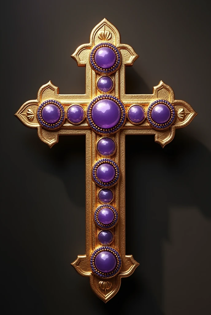 a golden cross that has purple circular pearls 
