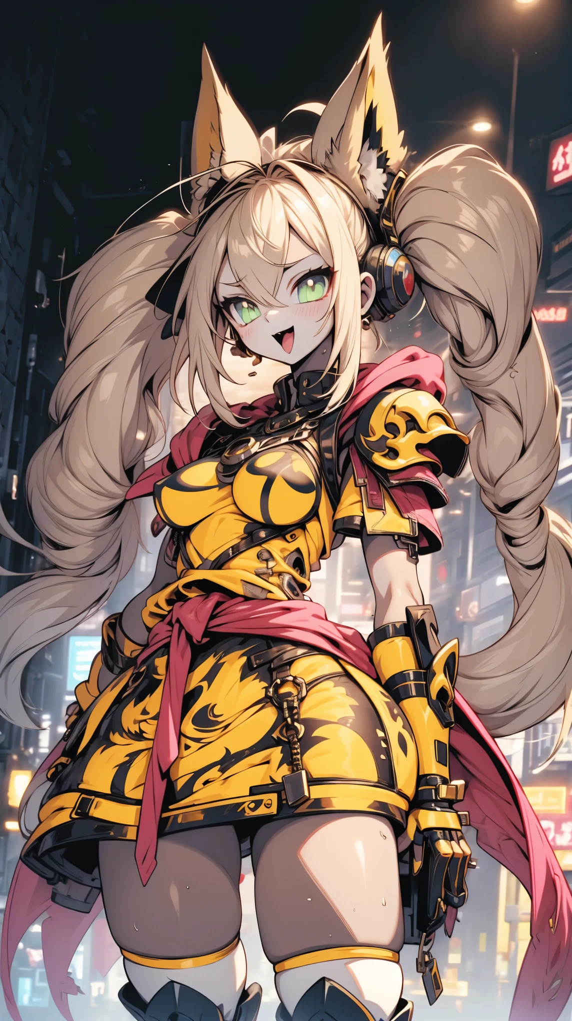 Contempt笑容，Contempt，Contemptuous expressions，Laughing，Disgusted expressions，Double ponytail hairstyle，twin tails，blonde，Fantasy style background，Fantasy town background，Sunlight，daytime，Daytime，Blonde hair，Blonde twin tails，armor，Dress，armor，Dress女孩，thigh，肉感thigh，粗thigh，肉感thigh，Silk socks，黑色Silk socks，Close-up above the waist，Fox ears，Fox ears，Animal ears