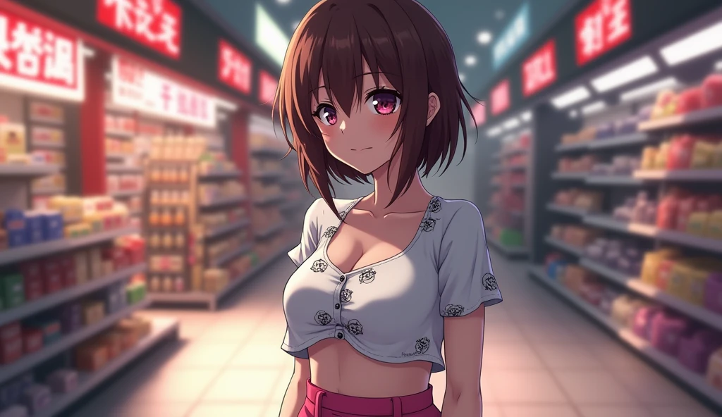 {{{masterpiece}}}, {{detailed}}, {detailed background}, {best quality}, high quality, high-definition, 4k, lights, glares, {detailed eyes}, motoko kusanagi, shoulder length messy brown hair, heterochromia red and grey, white crop top with black symbols and pink skirt, happy, shopping, Full body Beautiful anime style woman, clean detailed faces, intricate clothing, analogous colors, glowing shadows, beautiful gradient, depth of field, clean image, high quality, high detail, high definition, Luminous Studio graphics engine, cute face, slim waist, nice hips,