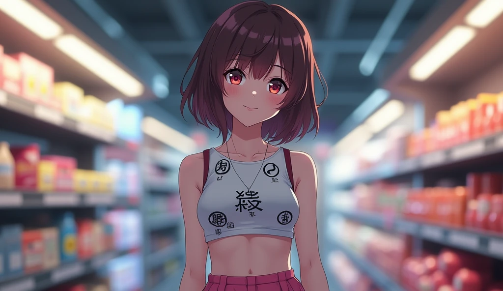 {{{masterpiece}}}, {{detailed}}, {detailed background}, {best quality}, high quality, high-definition, 4k, lights, glares, {detailed eyes}, motoko kusanagi, shoulder length messy brown hair, heterochromia red and grey, white crop top with black symbols and pink skirt, happy, shopping, Full body Beautiful anime style woman, clean detailed faces, intricate clothing, analogous colors, glowing shadows, beautiful gradient, depth of field, clean image, high quality, high detail, high definition, Luminous Studio graphics engine, cute face, slim waist, nice hips,