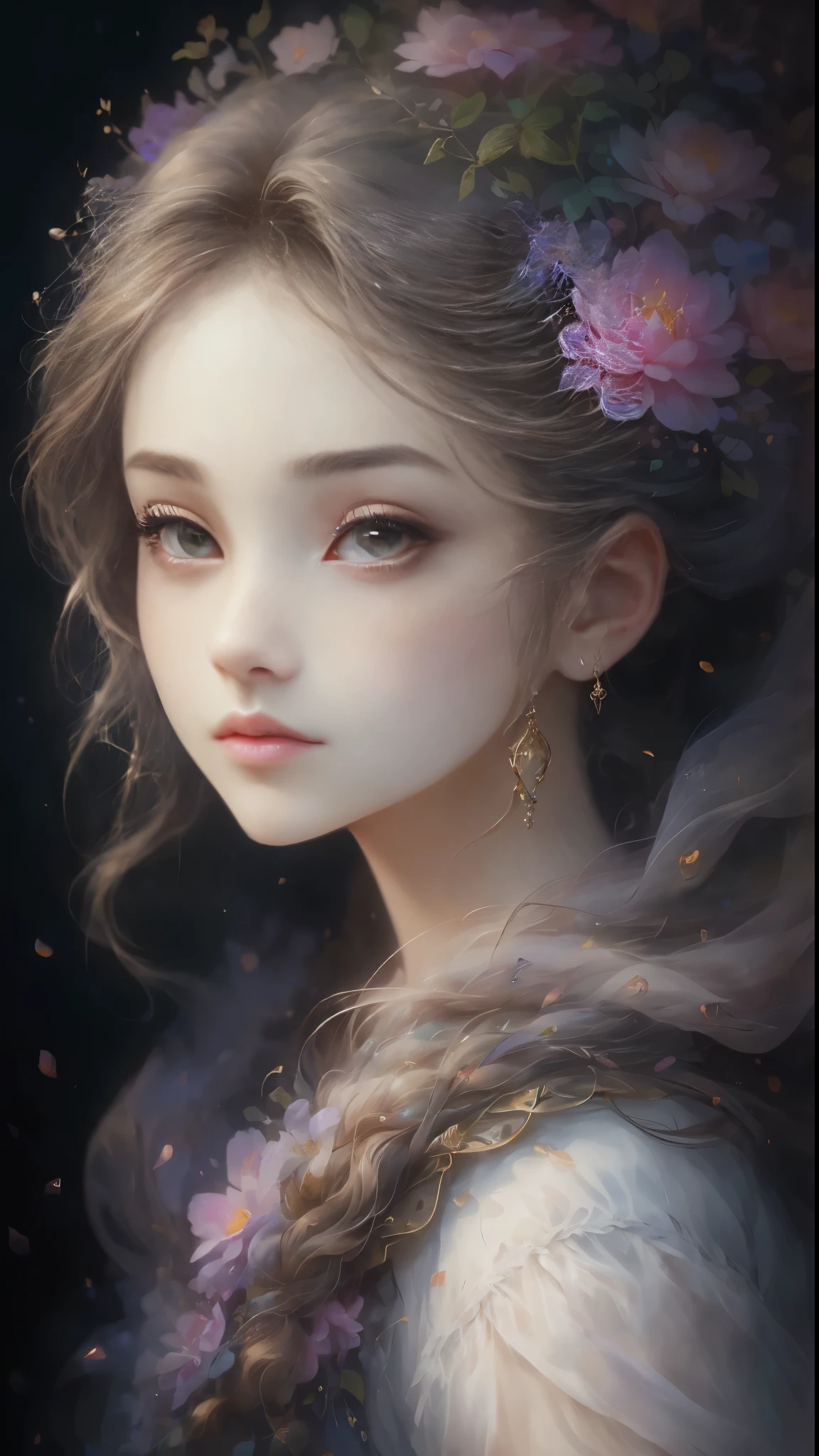 (Best quality, 4K, 8K, A high resolution, Masterpiece:1.2), Ultra-detailed, Realistic portrait, Beautifully detailed eyes, beautiful detailed lips, Detailed expression, Graceful posture, subtly lit, Dreamy atmosphere, Dark-toned background, expressive brush strokes, mystical ambiance, Artistic interpretation, Stunning Studio Ghibli style costumes, a whimsical illustration, Subtle colors and tones, mystical aura,