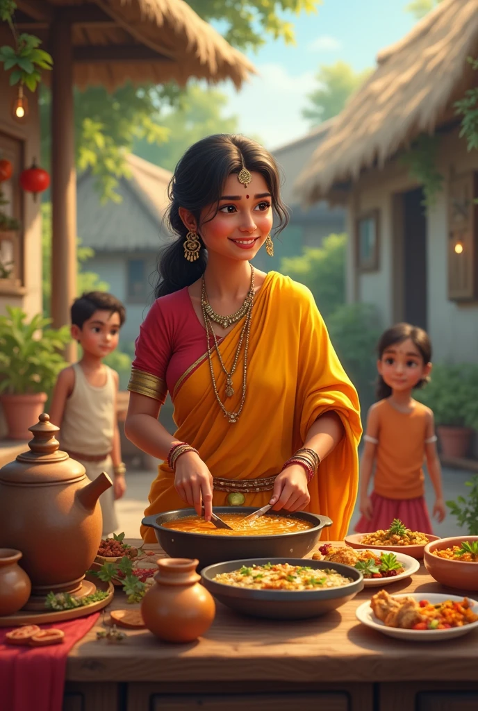 A happy Indian mother in village , and making tasty food for her children