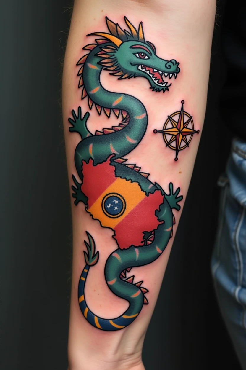 Aesthetic dragon tattoo with map of Venezuela and a compass