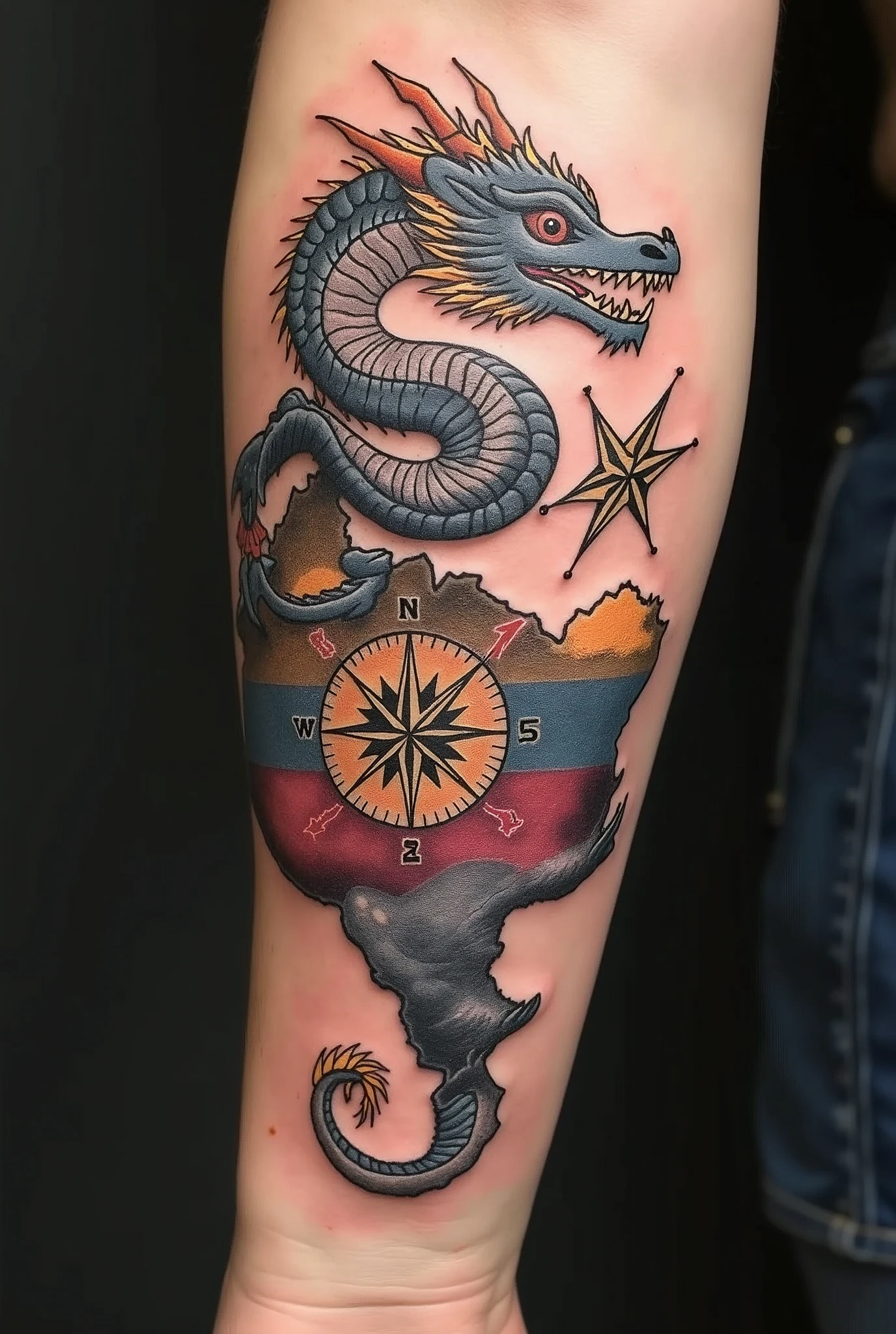 Aesthetic dragon tattoo with map of Venezuela and a compass 