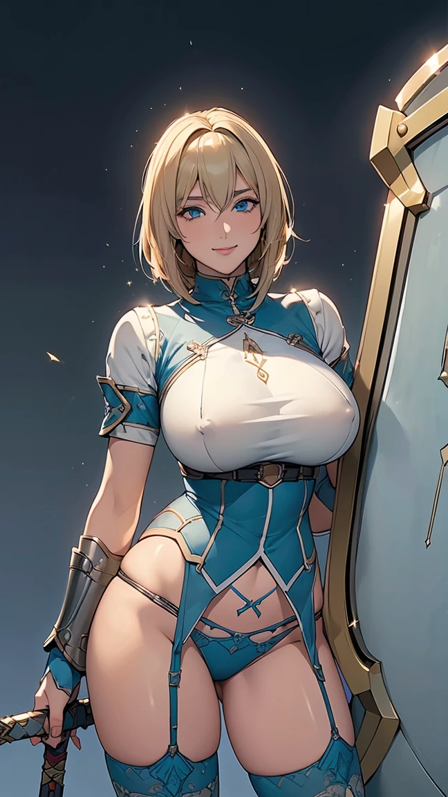 Browsing Caution,Sensual, Long blonde hair, Thick thighs, 8k, 4K, Highest quality, (High resolution:1.6), Cute anime face, Noise Reduction,short hair,Flaxen Hair、 (Sparkling Blue Eyes, A kind smile:1.3, Kind eyes:1.ung Face, Anime Eyes, Asheria、(Sword in right hand:1.5)、(Equipped with a shield on the left arm:1.5)、(SFW Giant:1.9)、Large areola, Puffy nipples:1.3、Long tights、Knee-high boots、(garter belt:1.5)、Beautiful Hands、Beautiful fingers、(High cut thong:1.5),squat, Spread your legs,