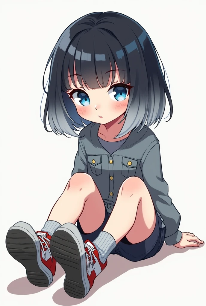 gender:Girl Eye Color:Blue Eyes Hairstyle:Bob hair color:Black hair with light gray hair gradation color:Cool and stylish clothes:Parker style:Deformed illustration system:Sitting with legs stretched out