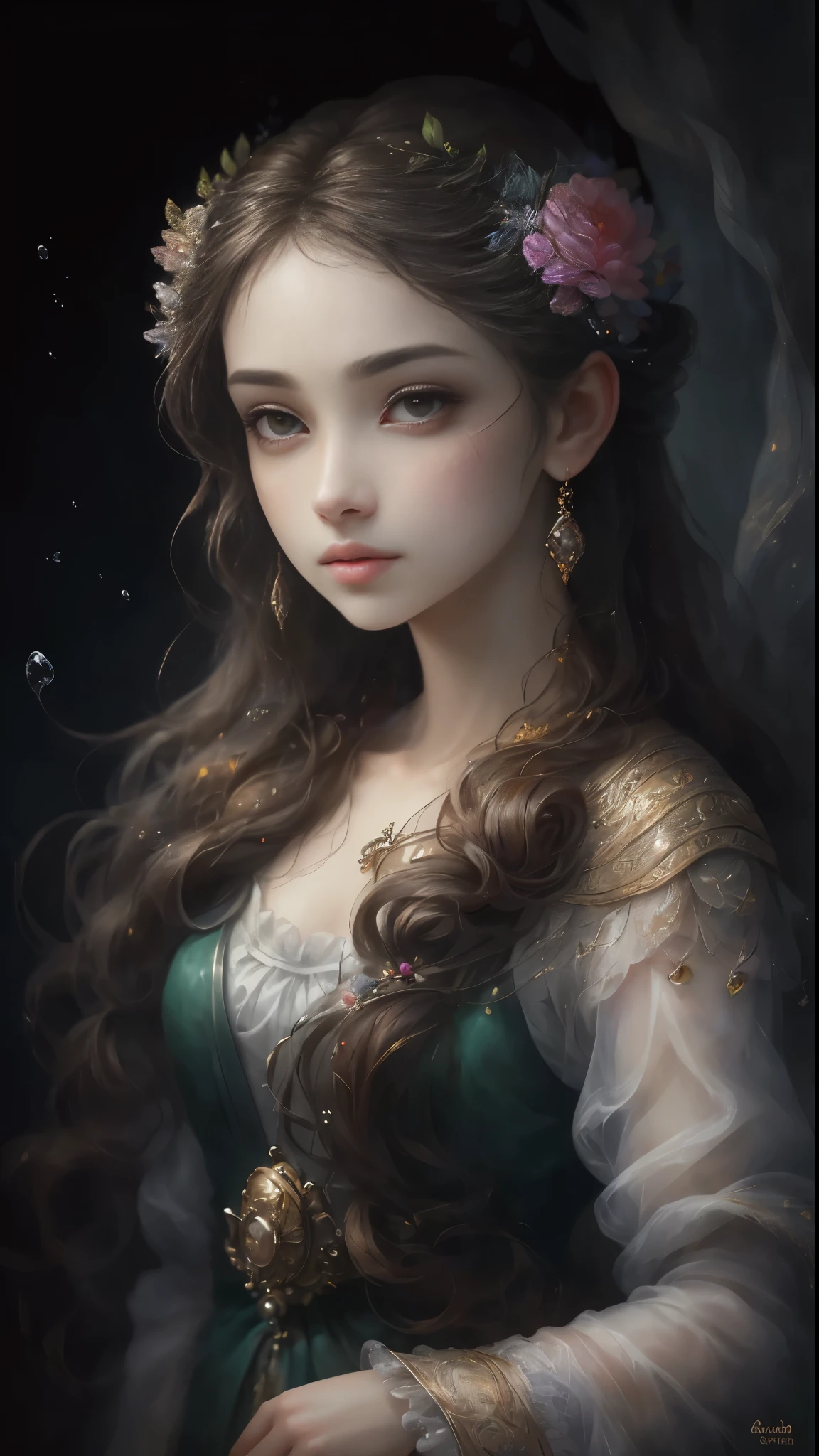 (Best quality, 4K, 8K, A high resolution, Masterpiece:1.2), Ultra-detailed, Realistic portrait, Beautifully detailed eyes, beautiful detailed lips, Detailed expression, Graceful posture, subtly lit, Dreamy atmosphere, Dark-toned background, expressive brush strokes, mystical ambiance, Artistic interpretation, Stunning Studio Ghibli style costumes, a whimsical illustration, Subtle colors and tones, mystical aura,