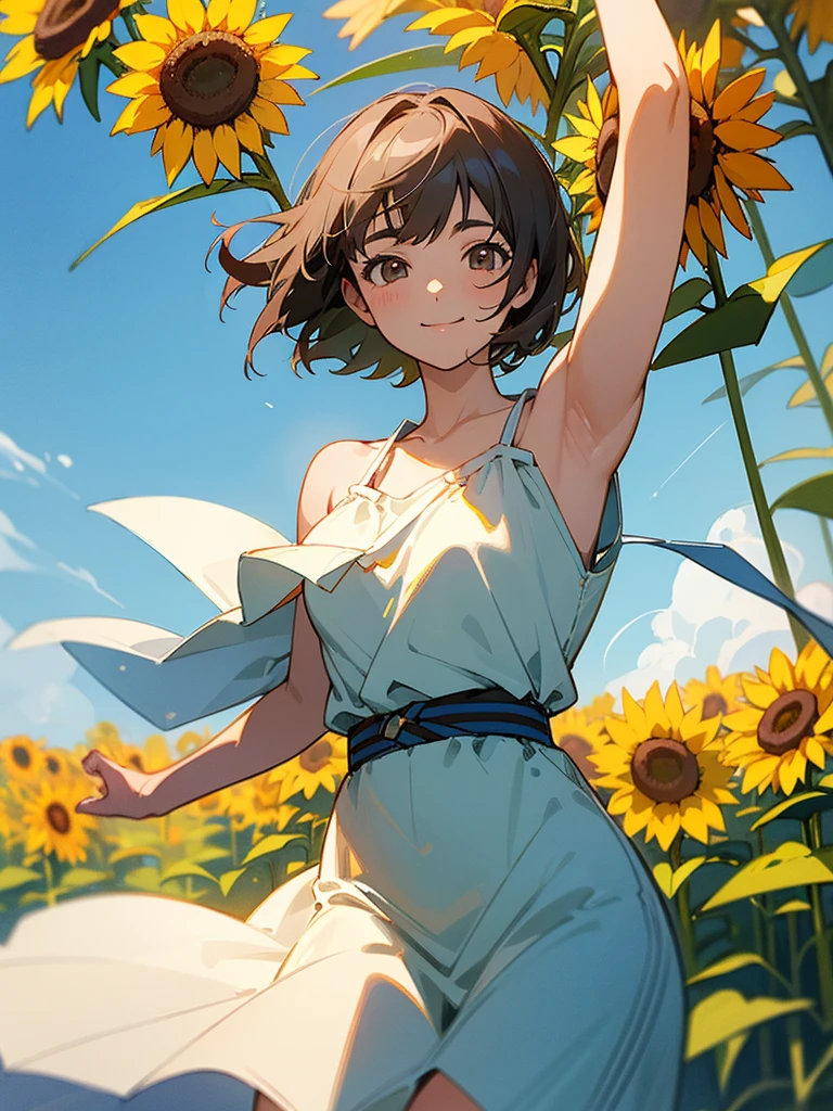 master piece, best quality, for below, cinematic angle, upper body , pigeon toed,
Anime-style Moe illustration, summer vacation theme, 20-year-old woman, sunflower field, short hair,
Picnic Maxi Dress, slightly inner thighs, smile, accurate drawing, Active pose, Active Angle,