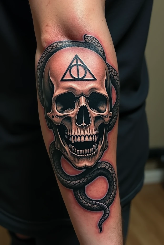 Tattoo on a man&#39;s right forearm, showing a skull with the Deathly Hallows symbol on its forehead. A snake comes out of the skull&#39;s mouth, coiling around the skull, similar to the Dark Mark of the Death Eaters in Harry Potter. Realistic style, Inspired by the dark universe of Harry Potter.
