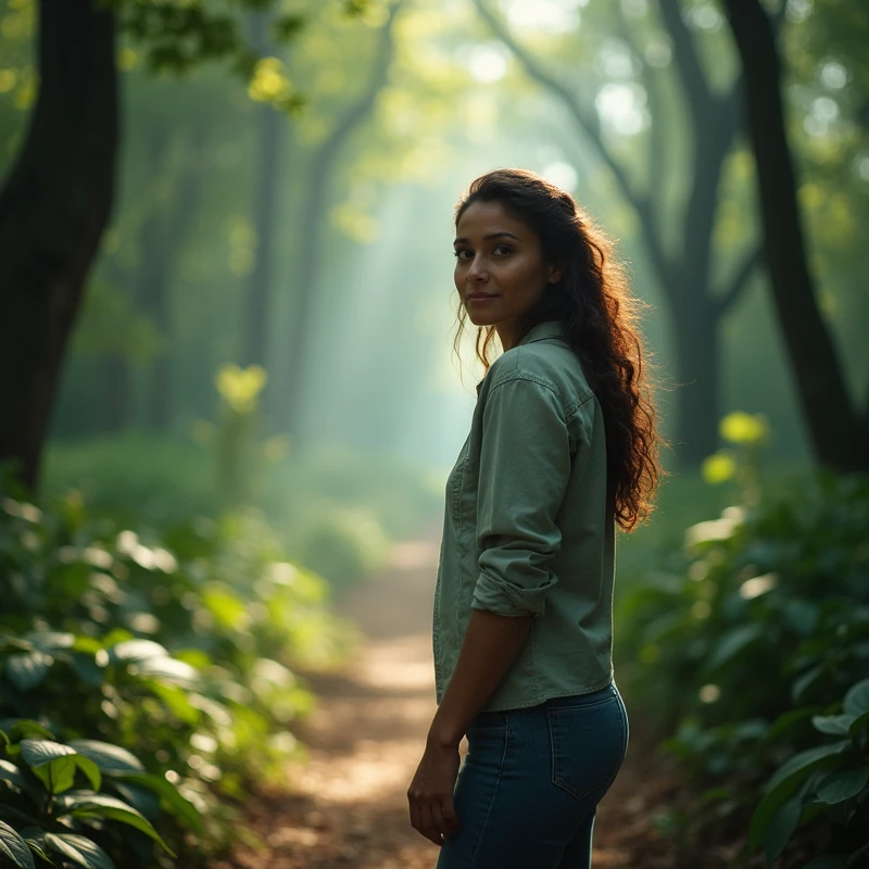 Create A 35 year old woman, with Brazilian facial features, standing at the beginning of a trail in a forest, looking at front. The image must have natural lighting, with shades of green and light blue, conveying tranquility and hope, without explicit mystical elements.