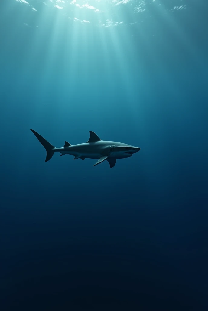A lone young shark pup, navigating the vast ocean, modern era, in the endless blue expanse, swimming confidently, with the deep ocean fading into darkness behind, wide shot, hyper-realistic, photo realism, cinematography --ar 9:16.