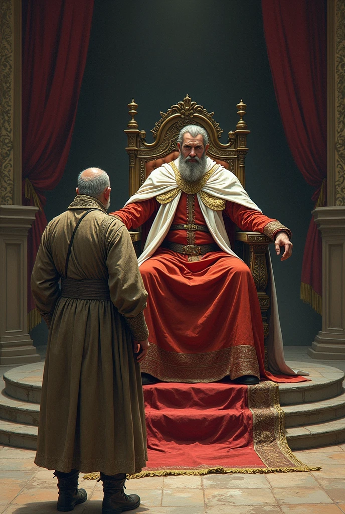 A king on the throne and an old man wearing old clothes, dirty and old...the man is in front of the king. The image line must be medium, as a medium quality drawing. 