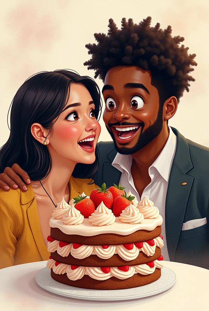 drawing of a cake, with a couple where the woman is white with straight black hair and the man is black with curly black hair, all in drawing excited