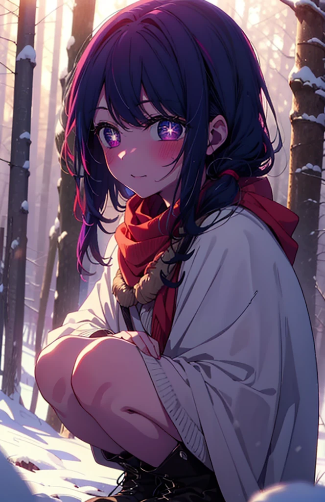 aihoshino, Ai Hoshino, Long Hair, bangs, (Purple eyes:1.1), Purple Hair, (Symbol-shaped pupil:1.5), smile,,smile,blush,white breath,
Open your mouth,snow,Ground bonfire, Outdoor, boots, snowing, From the side, wood, suitcase, Cape, Blurred, , forest, White handbag, nature, Squat, Mouth closed, Cape, winter, Written boundary depth, Black shoes, red Cape break looking at viewer, Upper Body, whole body, break Outdoor, forest, nature, break (masterpiece:1.2), Highest quality, High resolution, unity 8k wallpaper, (shape:0.8), (Beautiful and beautiful eyes:1.6), Highly detailed face, Perfect lighting, Extremely detailed CG, (Perfect hands, Perfect Anatomy),