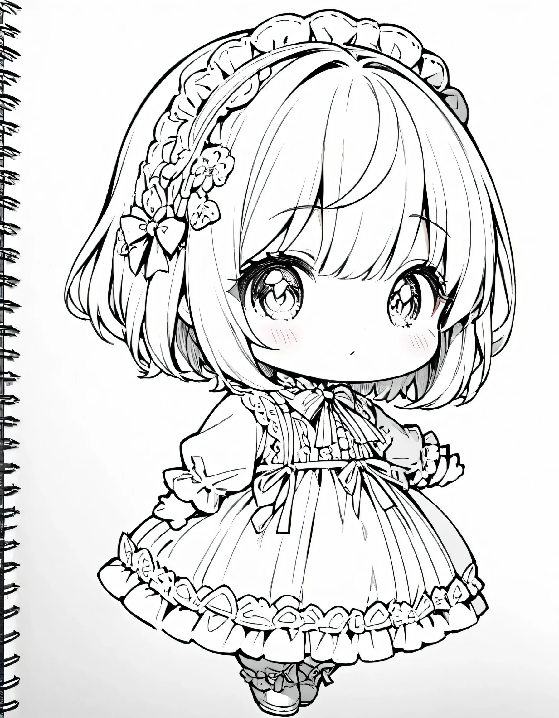 white and black, coloring book for kids, simple, adult coloring book, no detail, outline no color, fill frame, edge to edge, clipart white background, BREAK 1 girl, chibi, solo, cute simple ta fashion,  short hair, detailed eyes, simple background, BREAK {line art, lineart, monochrome, full body, simple background}, 
