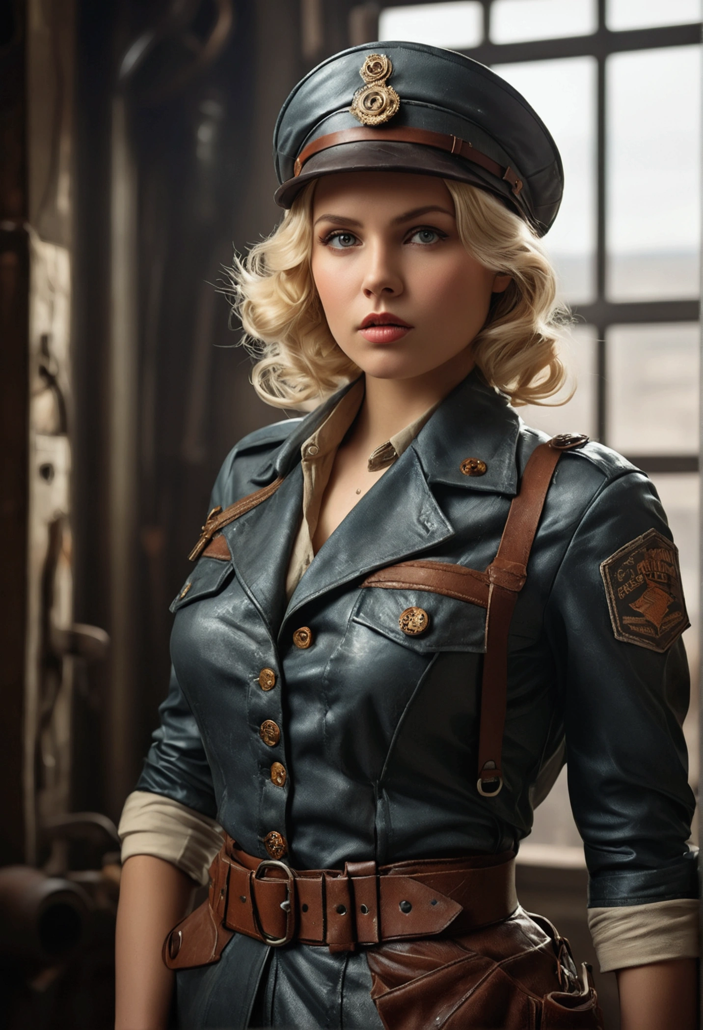 a blonde woman, with dieselpunk clothes, model shoot style, (extremely detailed 8k CG wallpaper unit), photo of the most beautiful art in the world, majestic professional (Photography by Steve McCurry), 8k hd, DSLR, Soft lighting, high quality, film grain, Fujifilm XT3 sharp focus, f 5.6, High detail, sharp focus, dramatic, (wearing dieselpunk clothing), (looking at the viewer:1.2), (natural light), (seductive)