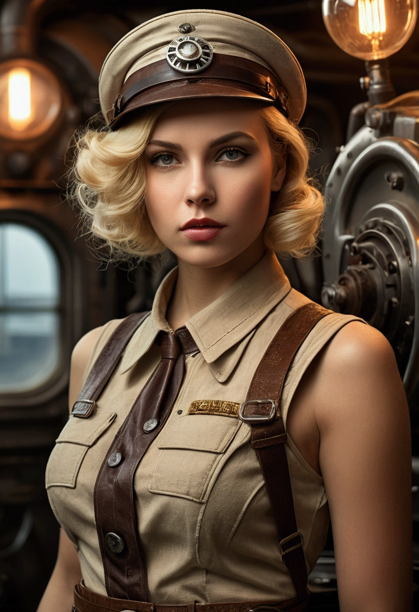 a blonde woman, with dieselpunk clothes, model shoot style, (extremely detailed 8k CG wallpaper unit), photo of the most beautiful art in the world, majestic professional (Photography by Steve McCurry), 8k hd, DSLR, Soft lighting, high quality, film grain, Fujifilm XT3 sharp focus, f 5.6, High detail, sharp focus, dramatic, (wearing dieselpunk clothing), (looking at the viewer:1.2), (natural light), (seductive)