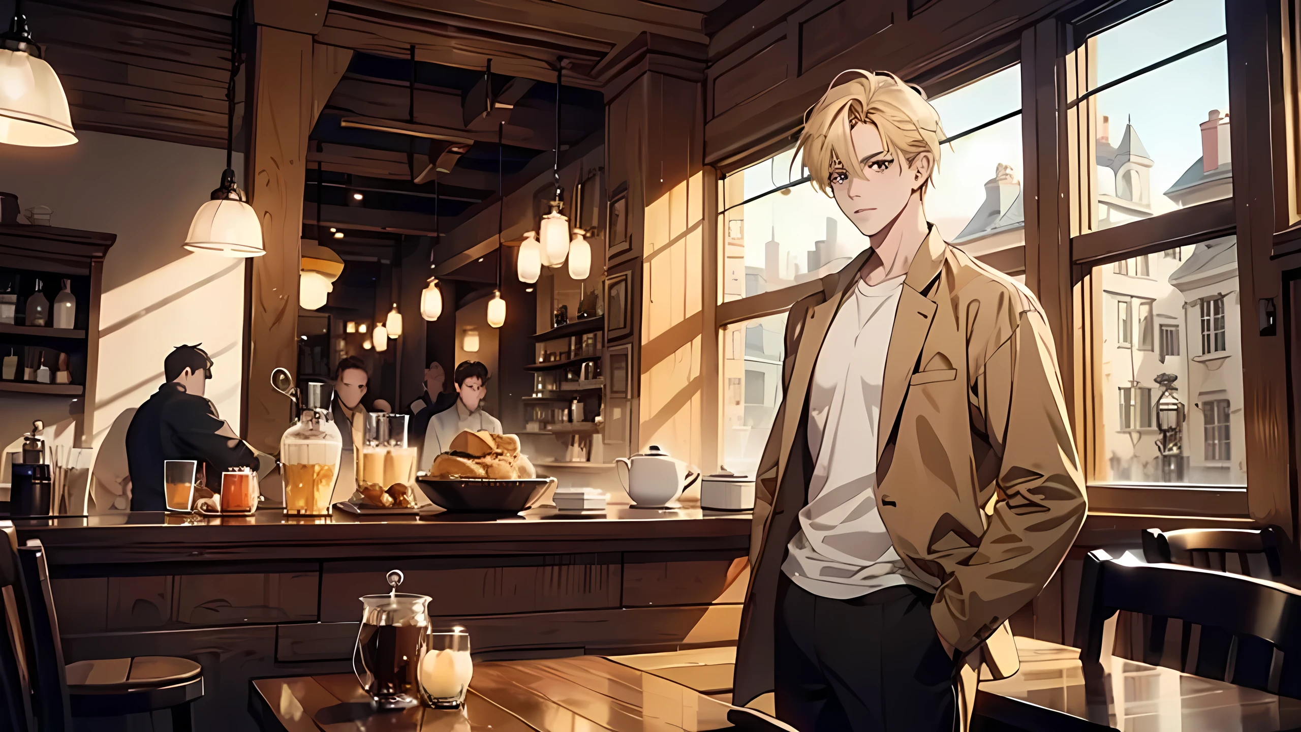 1 boy, blond hair, brown eyes, serious looking, tall, lean, casual clothes, looking at the viewer, waiting at a cozy café, high res, ultrasharp, 8k
