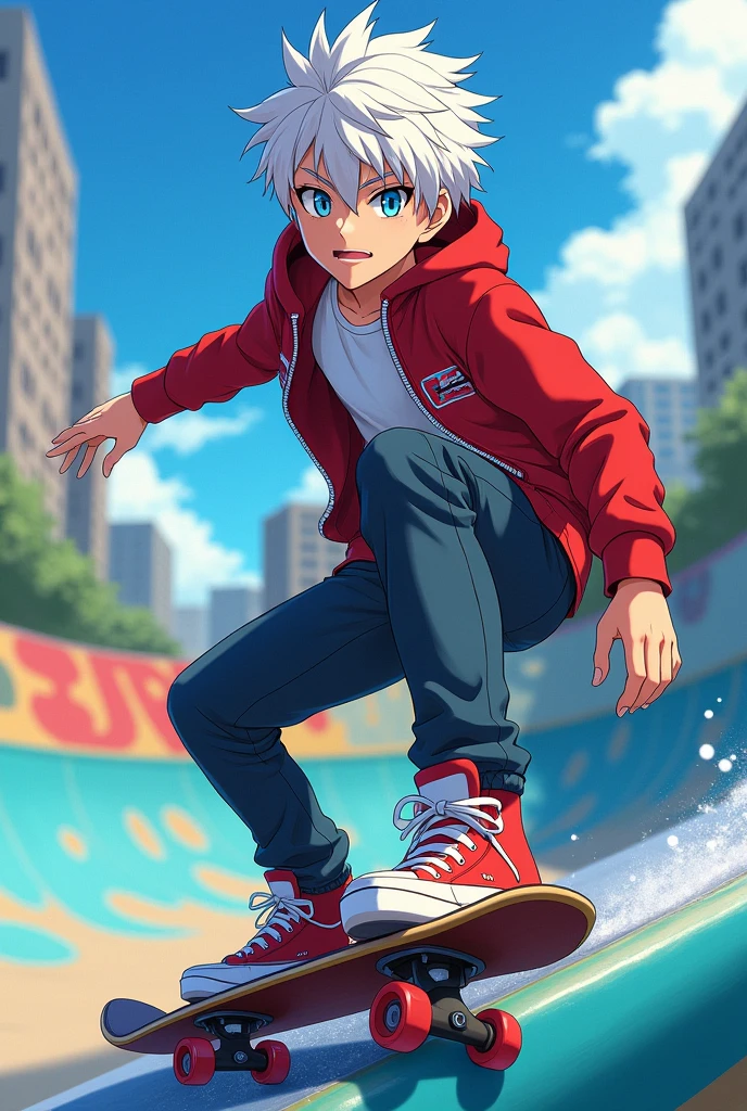 A stitch of SK8 Infinity, with the following features: 
White hair Lead eyes Slim and handsome face  17 yearsclothes