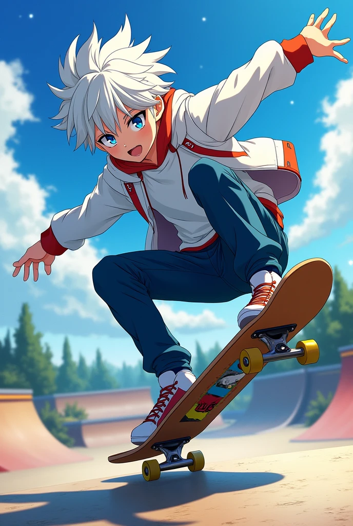 A stitch of SK8 Infinity, with the following features:
White hair Lead eyes Slim and handsome face Teenager 17 years old Skater clothes