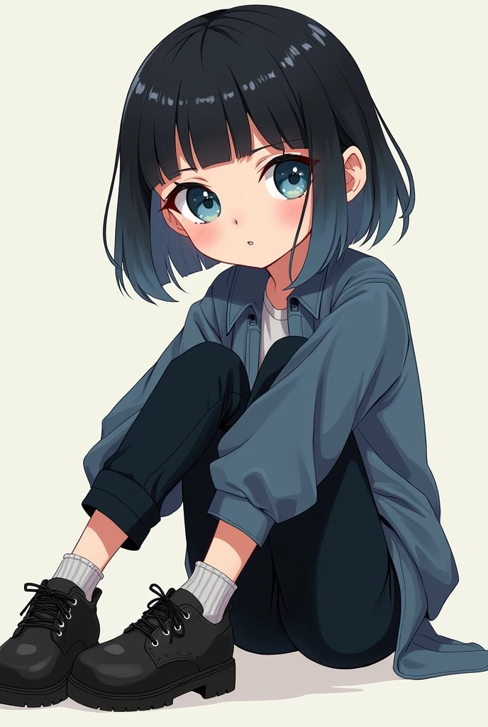 gender:Girl Eye Color:Blue Eyes Hairstyle:Bob hair color:Black hair with light gray hair gradation color:Cool and stylish clothes:Parker style:Deformed illustration system:Sitting with legs stretched out