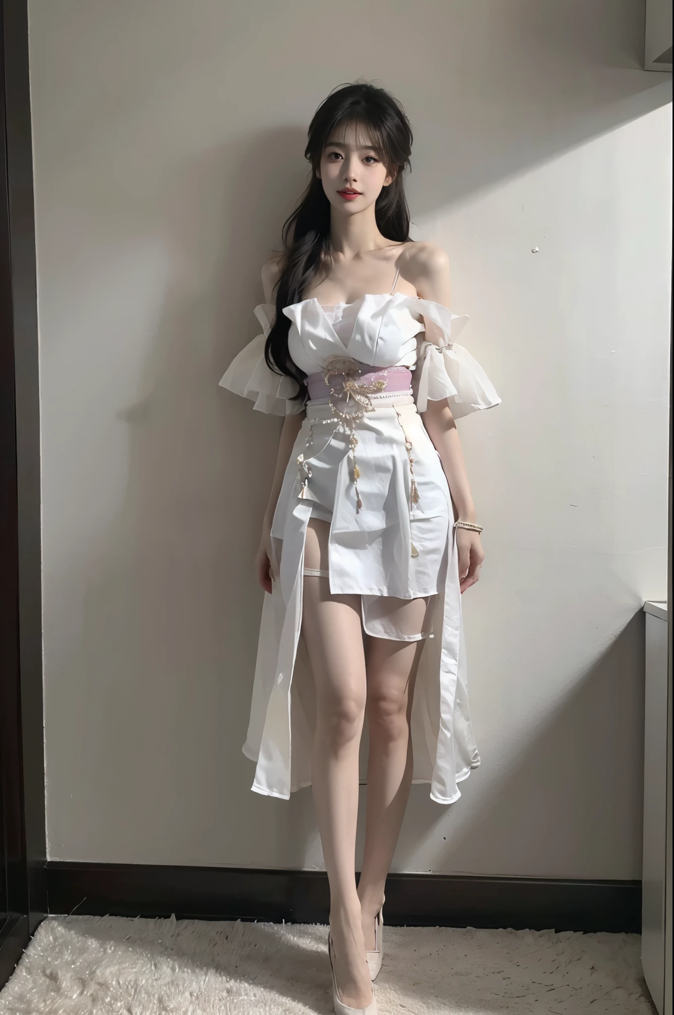 Gu Qinghan, Jarris,
High heel,裸Off-shoulder膀, transparent, Jewelry,Strapless, clavicle, bracelet, Off-shoulder,earrings, bow,cleveage, Shift Dress, Strapless dress (best quality, masterpiece:1.2), tianfeng1, Extremely detailed, (Practical:1.37), beautiful, youth, Glamorous model, Warm colors, ((Full body view，Bend your knees naturally，Skin is firm and smooth)), ((in old fashioned room，Sitting on the bed，lean back，Support your body with your elbows)), ((Elegant and natural gesture)), (big eyes, Exquisite eyes, Delicate lips, Exquisite eyes), Available in white and floral pattern, Show a bright smile, fit, Full breasts, ((Large Breasts)), Long legs, Create a stunning photo of a sleeping girl