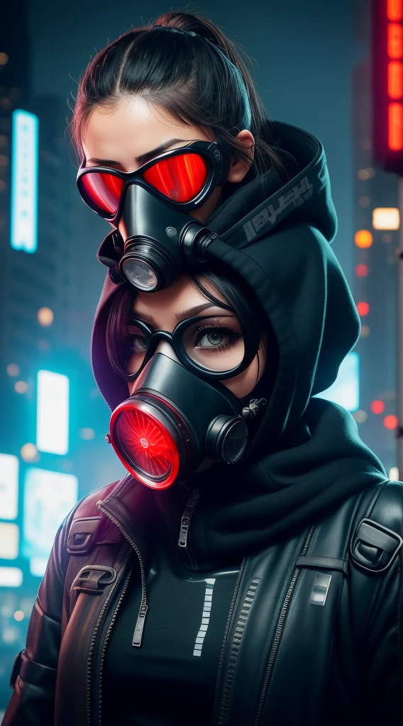 arafed woman wearing a gas mask and goggles in a city, futuristic gas mask, photograph of a techwear woman, hyper-realistic cyberpunk style, cyberpunk techwear, futuristic techwear, has cyberpunk style, she wear gasmask, gas mask, cyberpunk look, cyberpunk style ， hyperrealistic, wojtek fus, she wear red eyed gasmask, style of cyberpunk