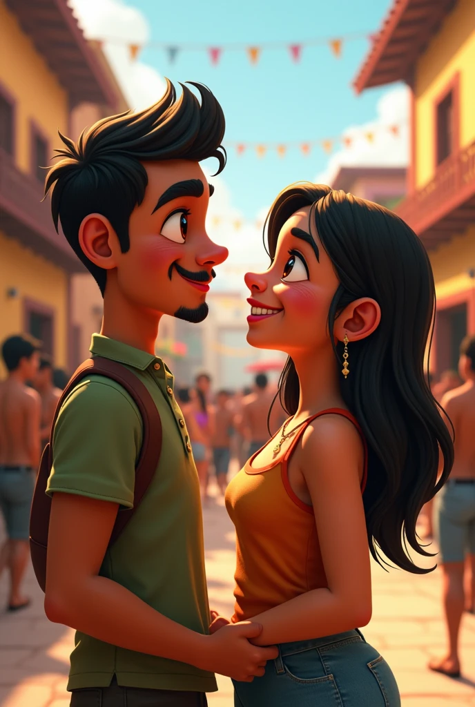 Bolivian boy with cinnamon skin, half-slanted eyes and a goatee, a slightly striking nose with dimples on his cheek and 6 moles around his lips flirting with a chubby cinnamon-skinned girl, with dark circles under her eyes and smiling extrovertedly in a square where people dance 