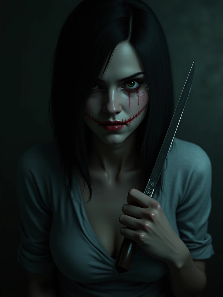 woman&#39;s face with blank stare, thin lips smile sarcastically, hold the knife tightly, in a dimly lit room.