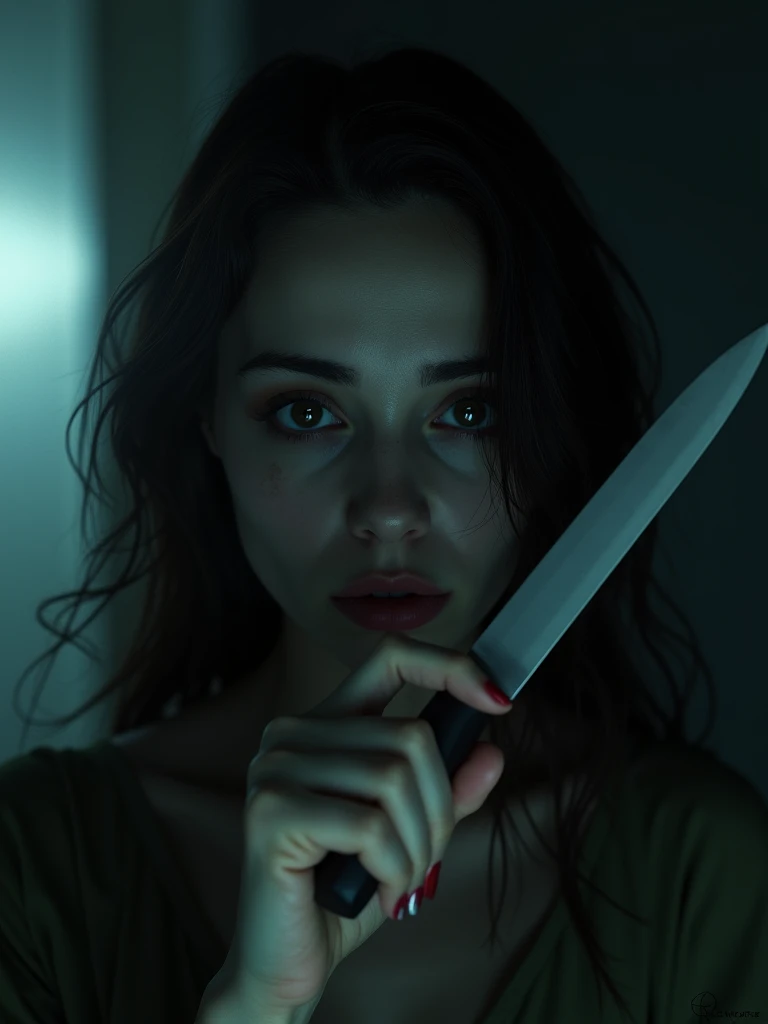 woman&#39;s face with blank stare, thin lips smile sarcastically, hold the knife tightly, in a dimly lit room.
