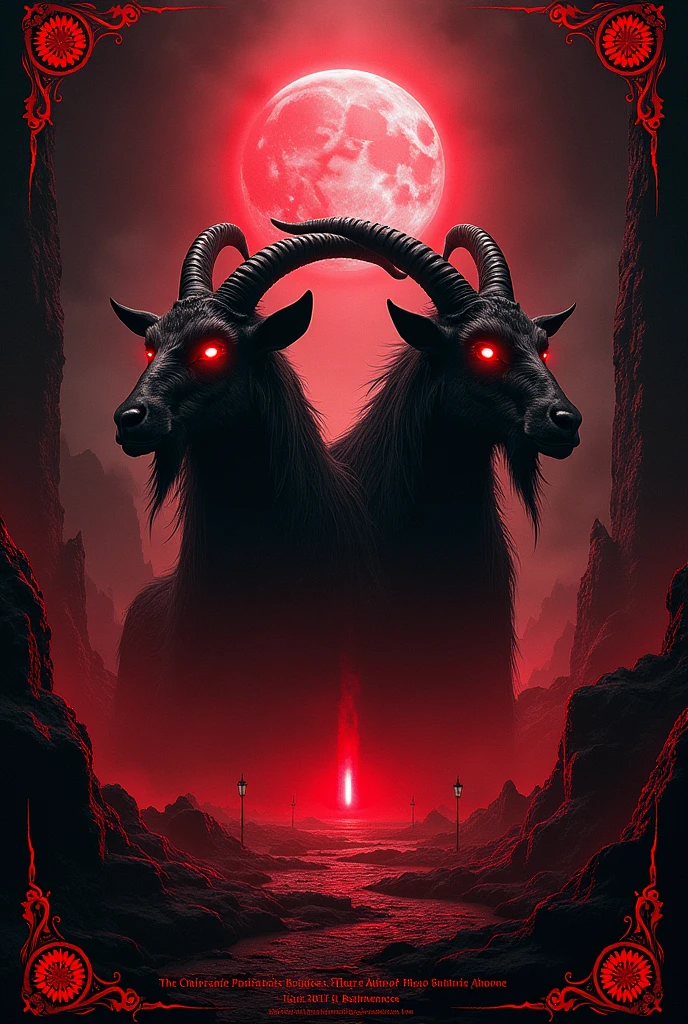 flyer for metal event Chilling concert stage, dark, goats, black and red devil
