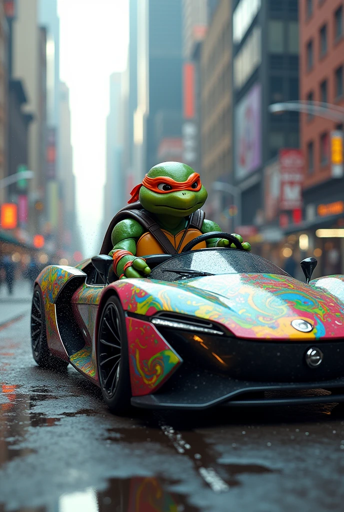 Teenage Mutant Ninja Turtles, a robot driving a beautifully decorated automatic car.