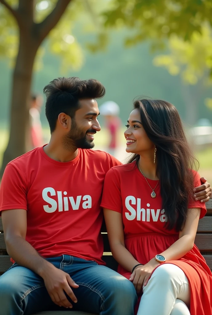 A young Indian couple sitting on a park bench together in a beautiful park. The man, wearing a red t-shirt with his name "shiva" in bold letters, smiles warmly at the woman. The woman, wearing a cute outfit with a watch and necklace, has her name "shivani" written in bold letters on her t-shirt. They both smile at each other. Children are playing happily in the background. The image is high quality (4k). pen spark tune share moreover