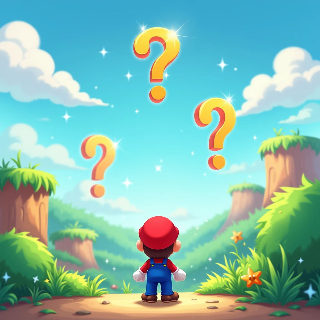 Super Mario, with question marks flying, written in the sky, curious player