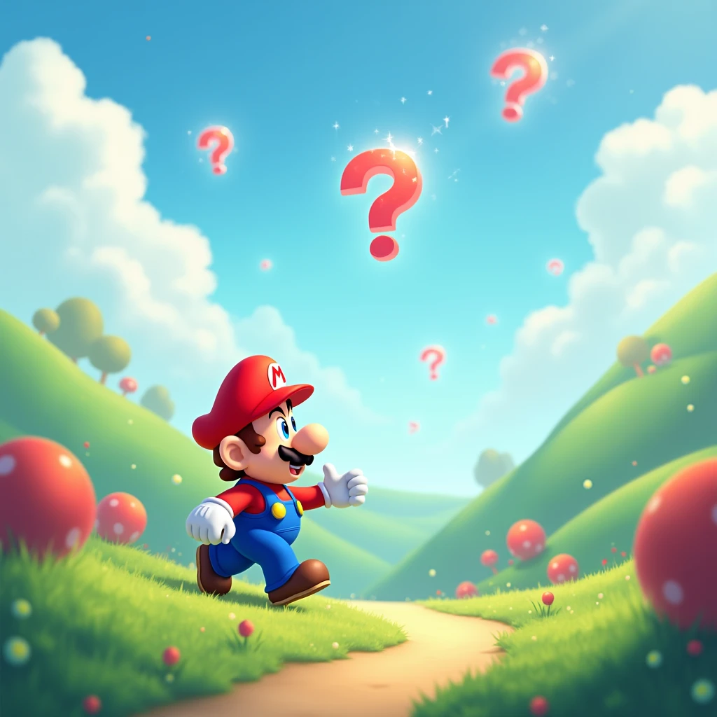 Super Mario, with question marks flying, written in the sky, curious player